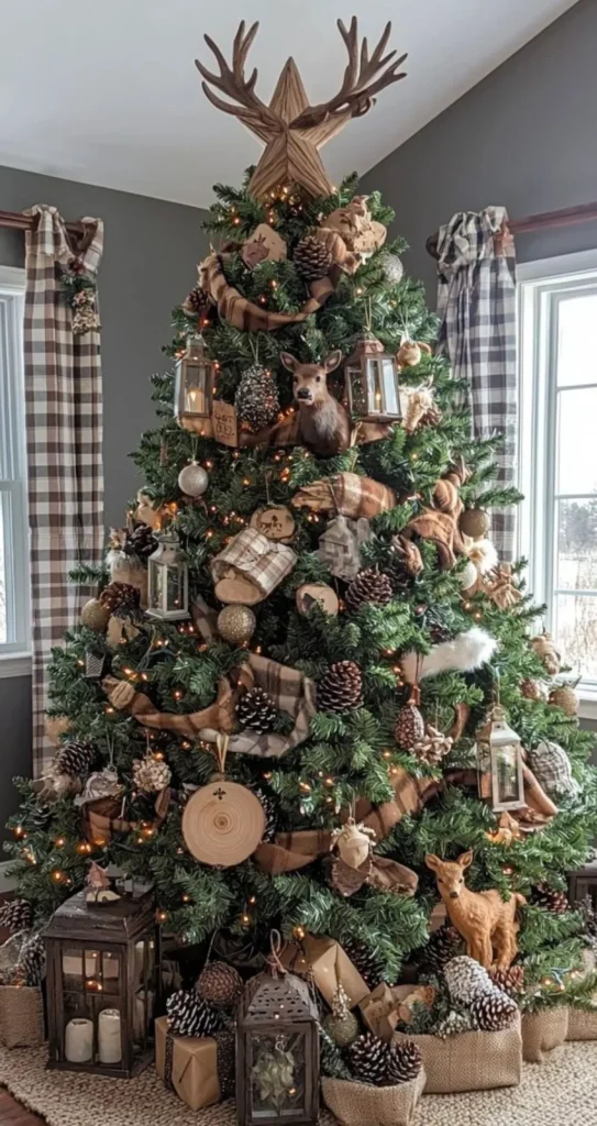 flocked christmas tree decorating ideas with wooden reindeer