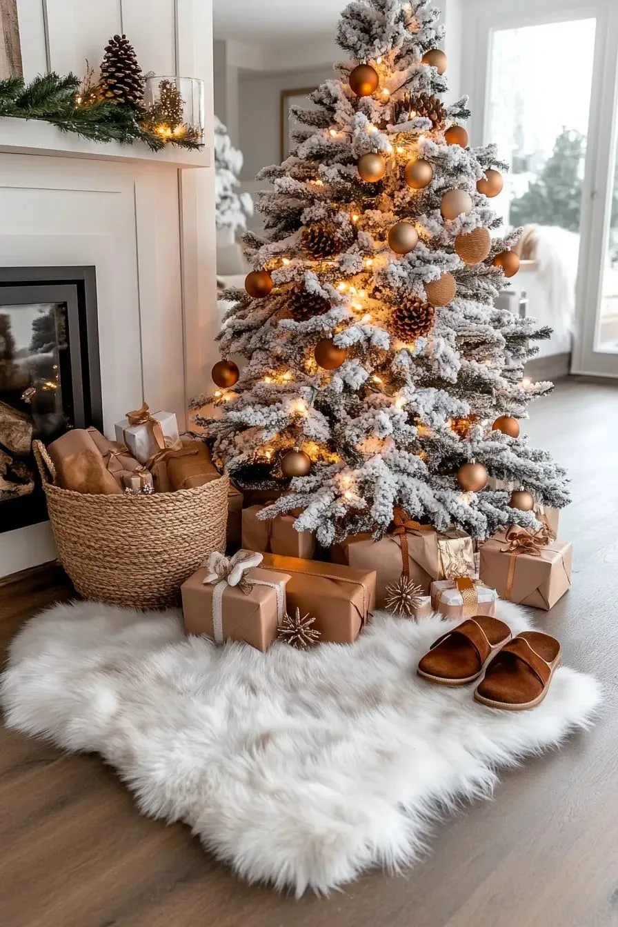 flocked christmas tree decorating ideas in woodland winter theme
