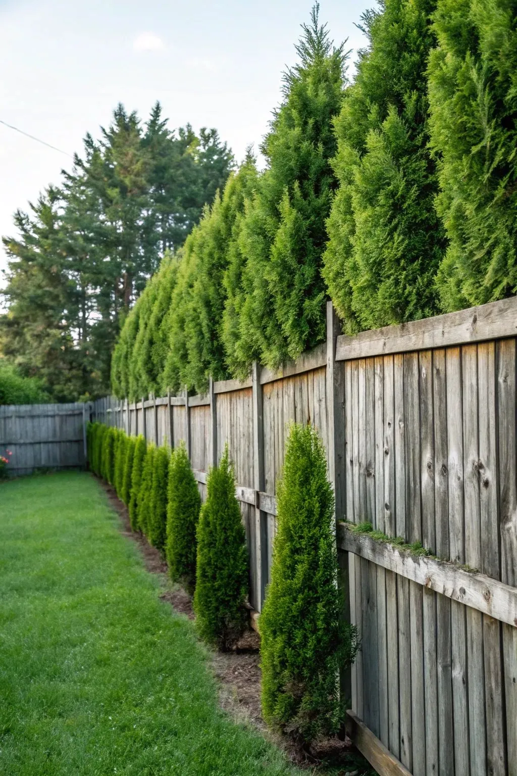 a garden with arborvitae hedge fence