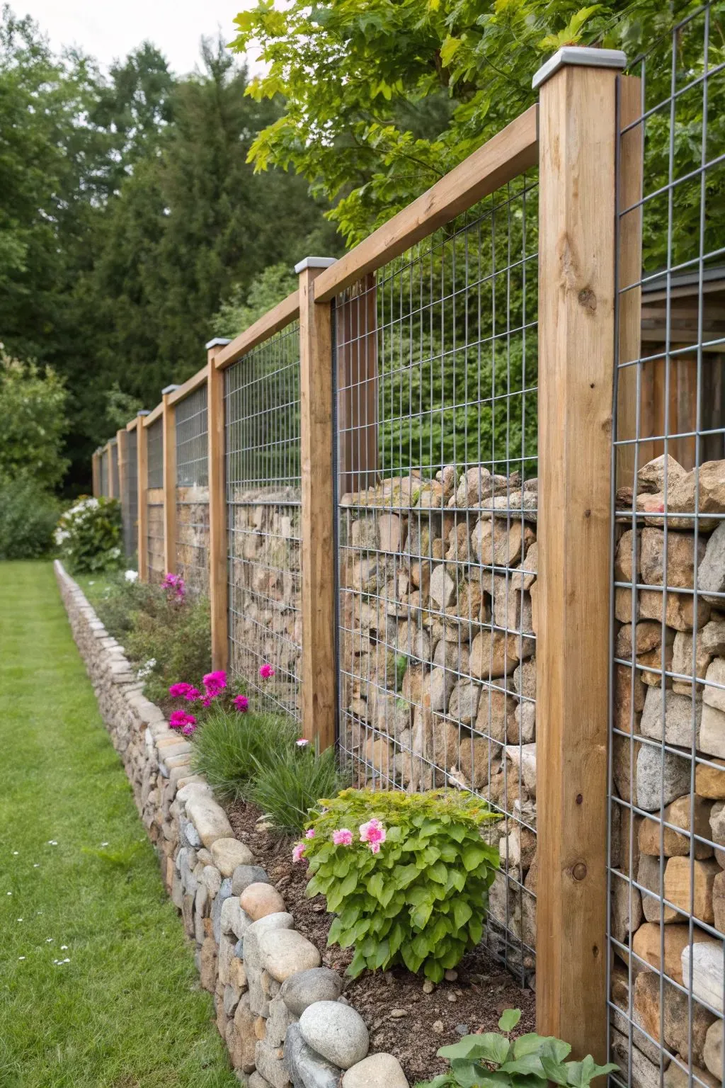 a garden with gabion fence
