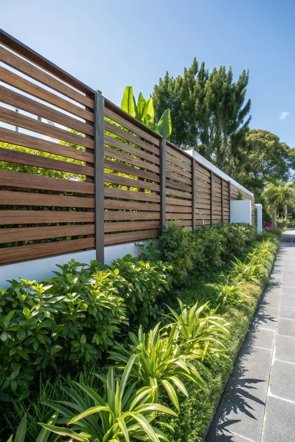 a garden with horizontal slat fence