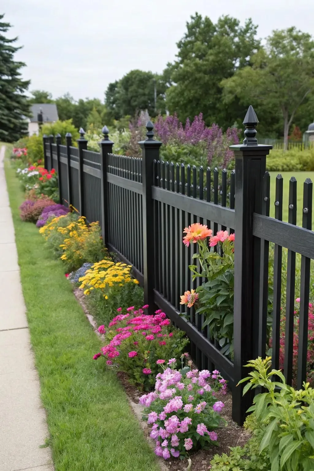 a garden with metal fence
