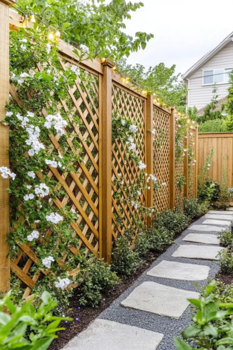 a garden with trellis fence