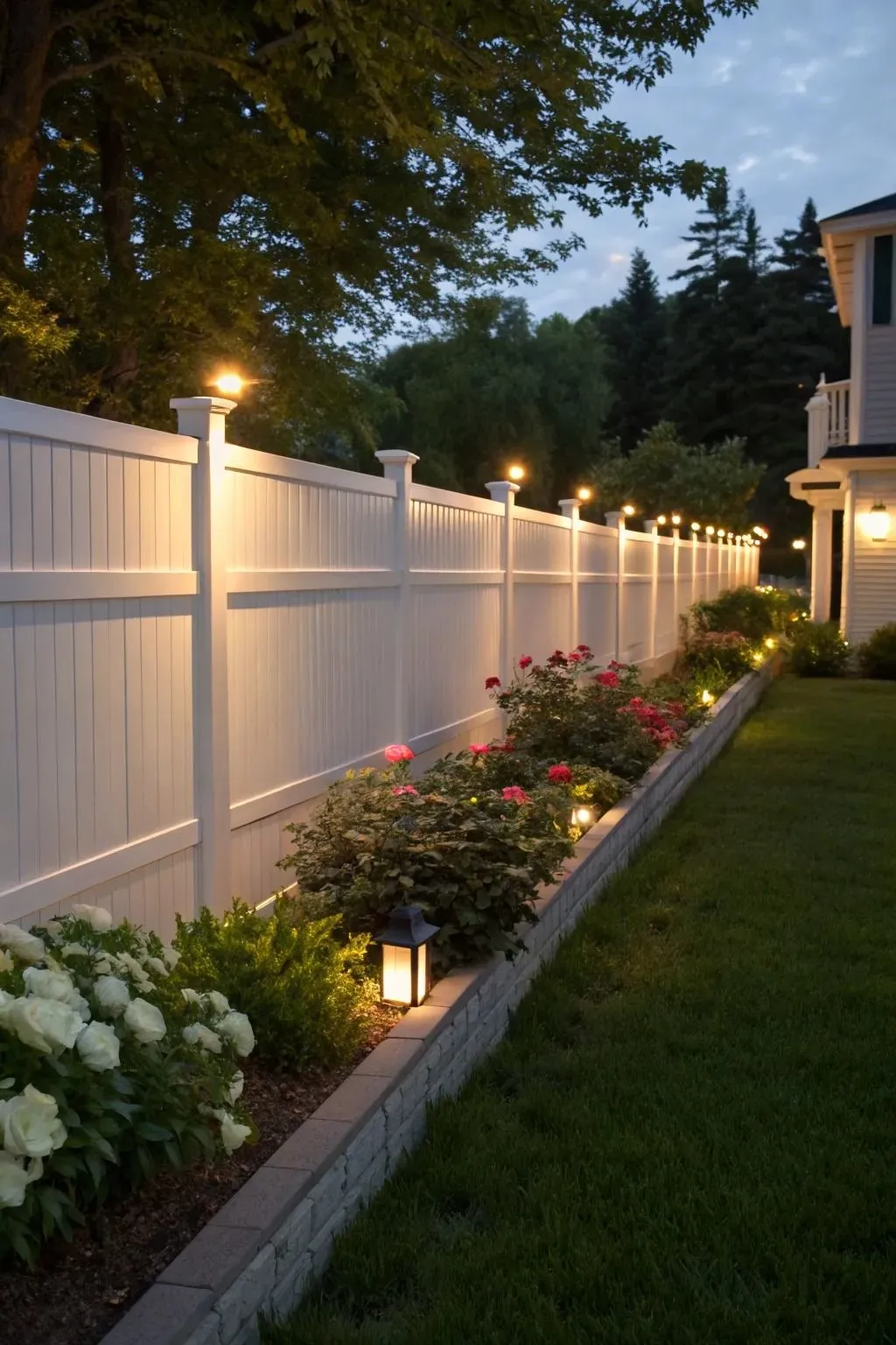 a garden with vinyl fence