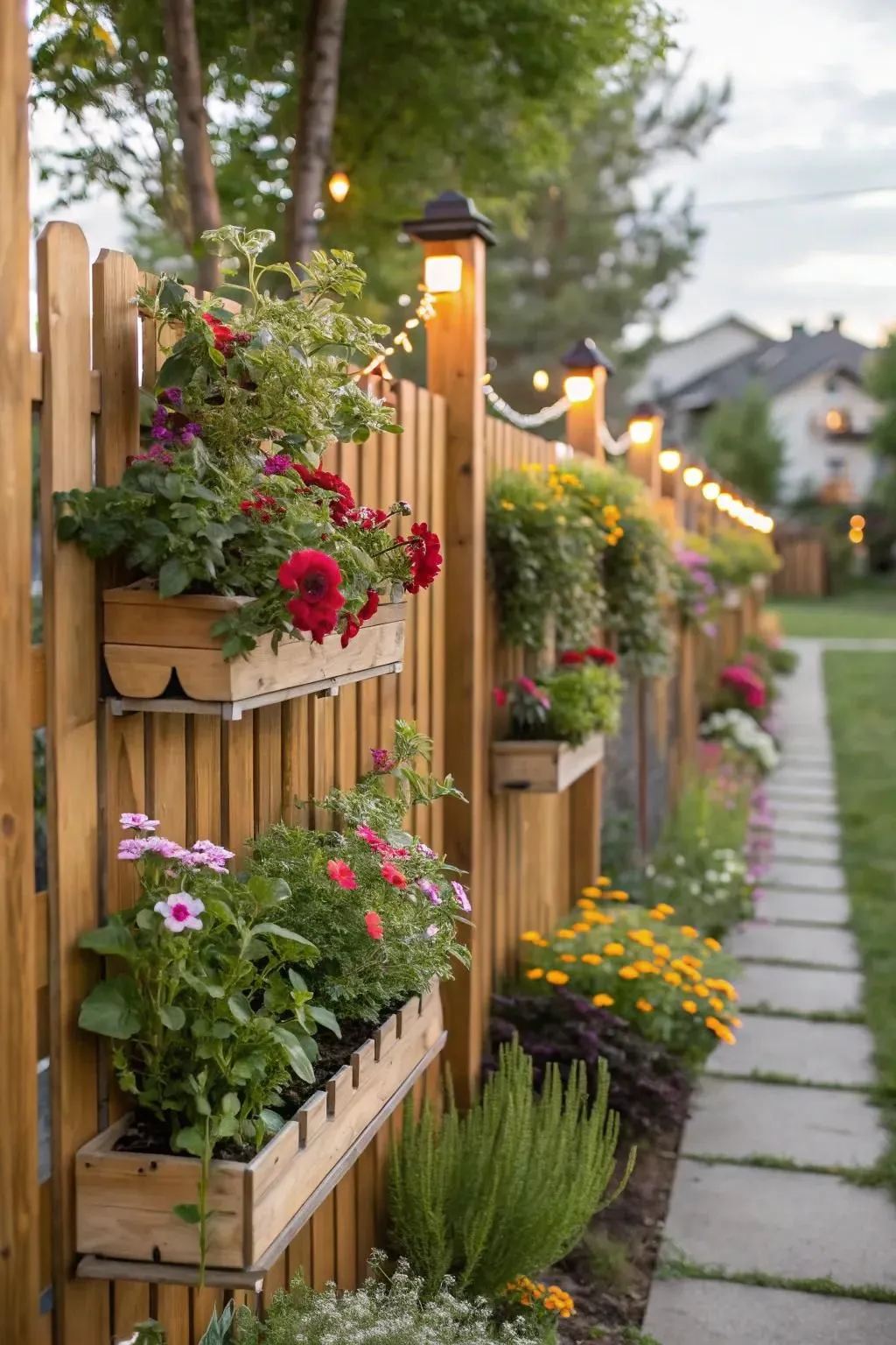 a garden with wooden fence and planter boxes