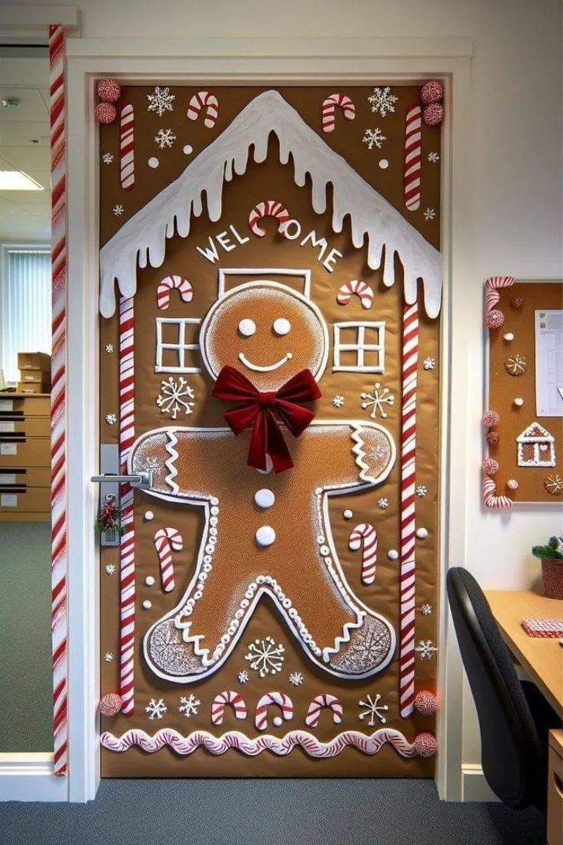 ideas for decorating office doors at christmas with gingerbread house