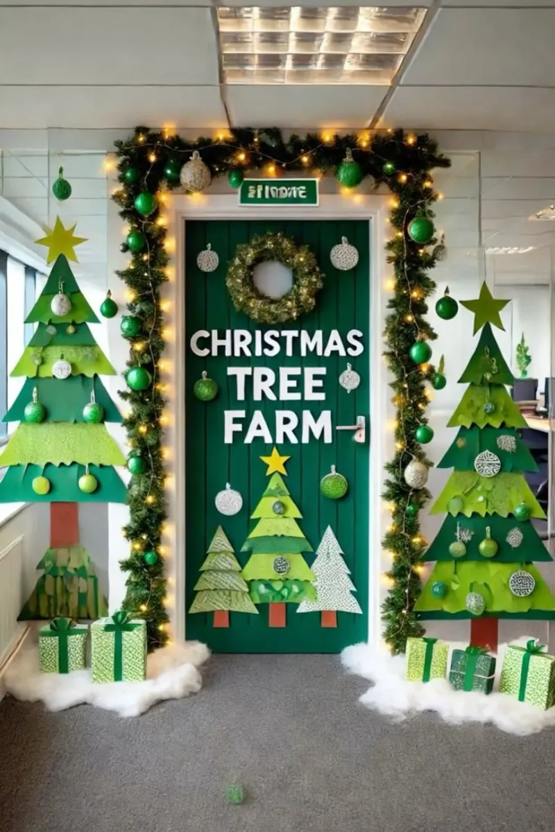 ideas for decorating office doors at christmas with post-it note tree