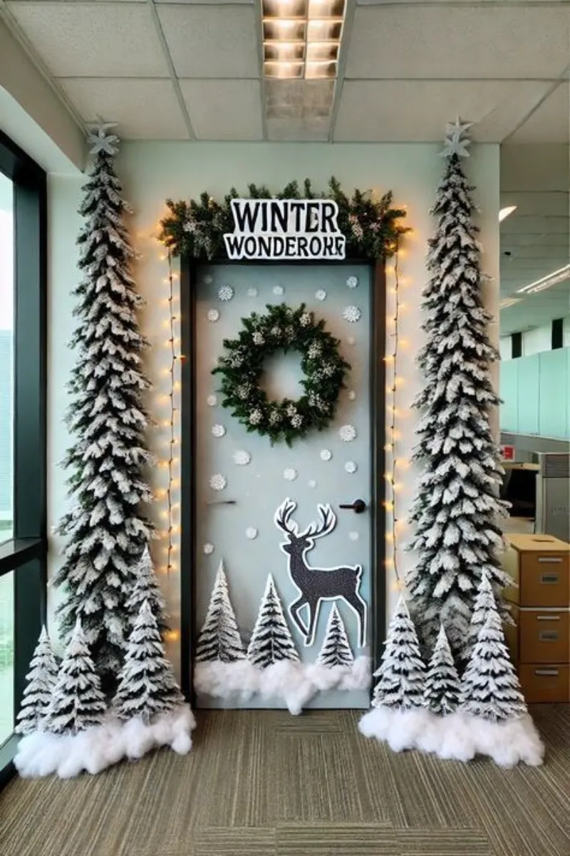 ideas for decorating office doors at christmas in winter reindeer theme