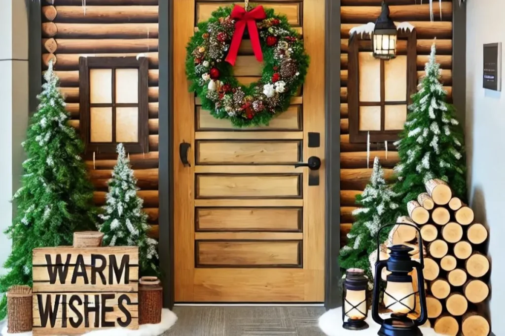 ideas for decorating office doors at christmas with wreath and pinecones