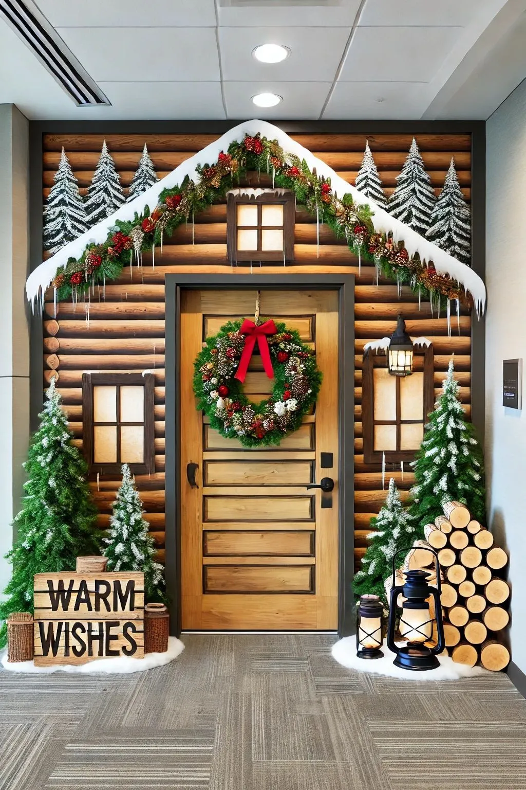 ideas for decorating office doors at christmas with wreath and pinecones