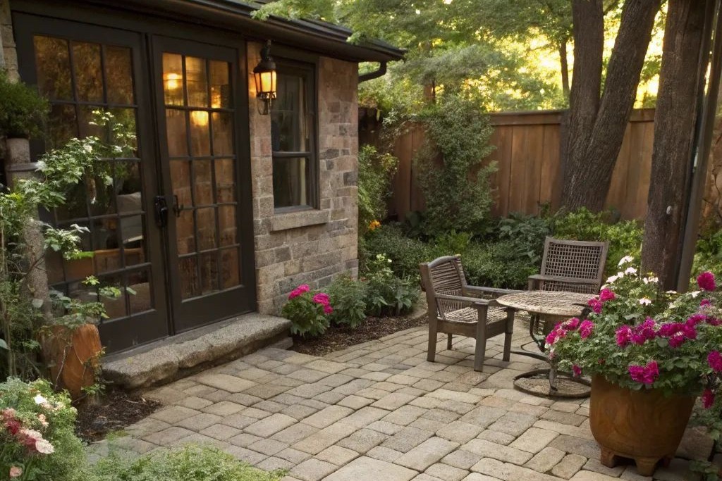 a patio with recycled stone pavers