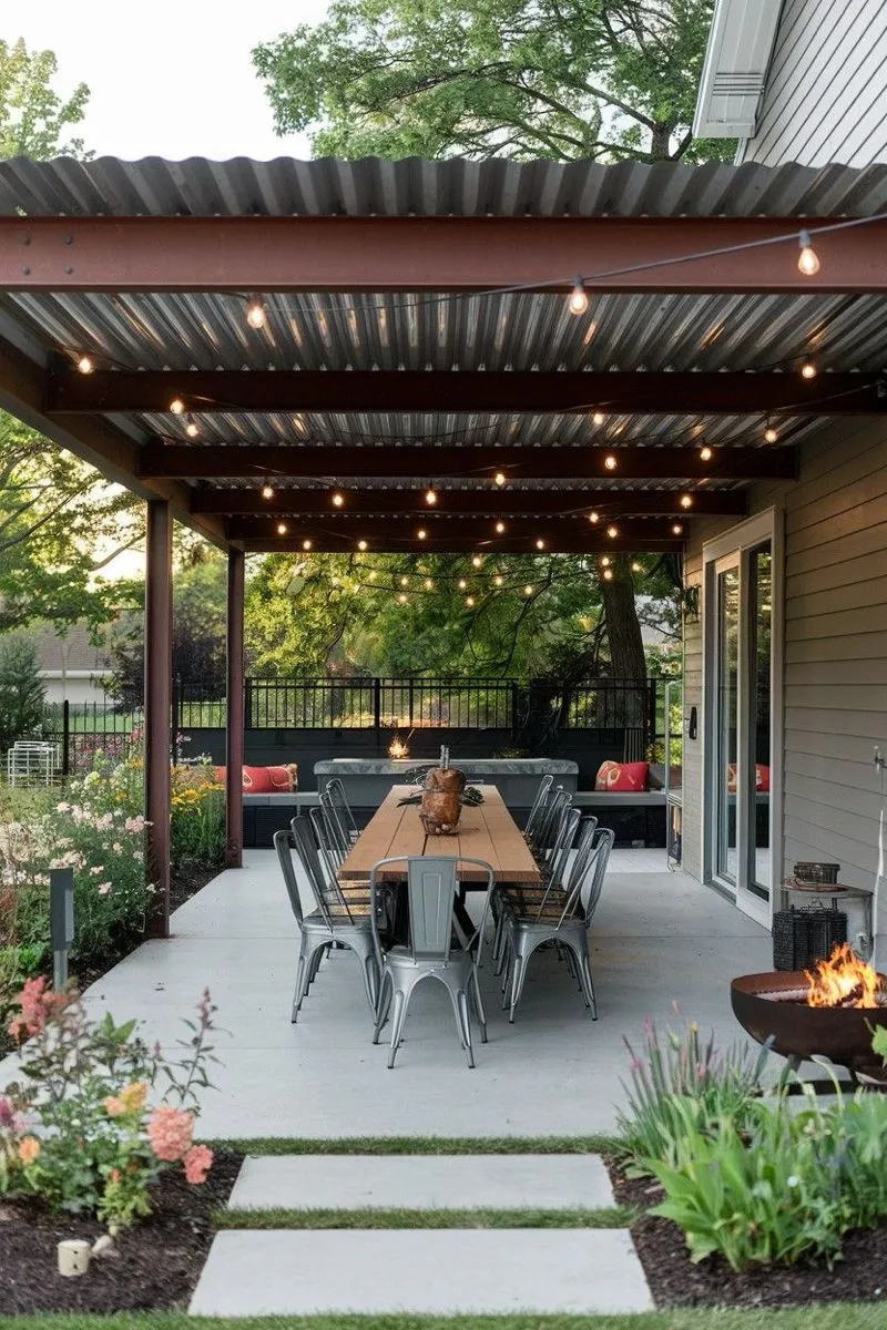 a deck with corrugated metal roof