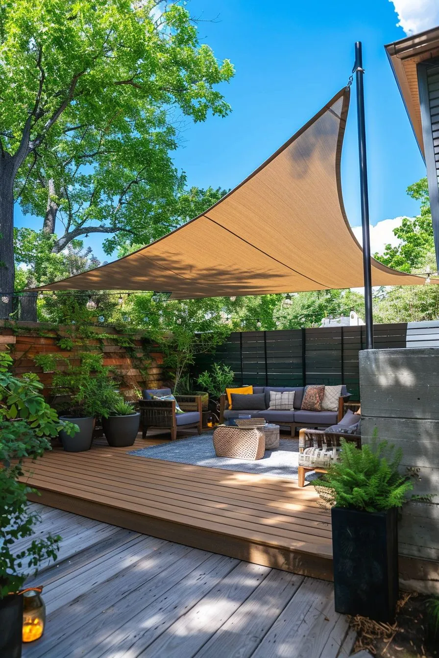 a deck with fabric shade sail roof