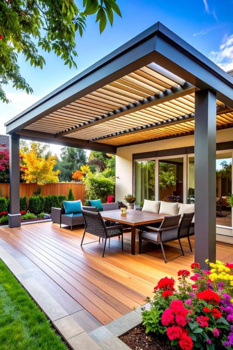 a deck with louvered roof
