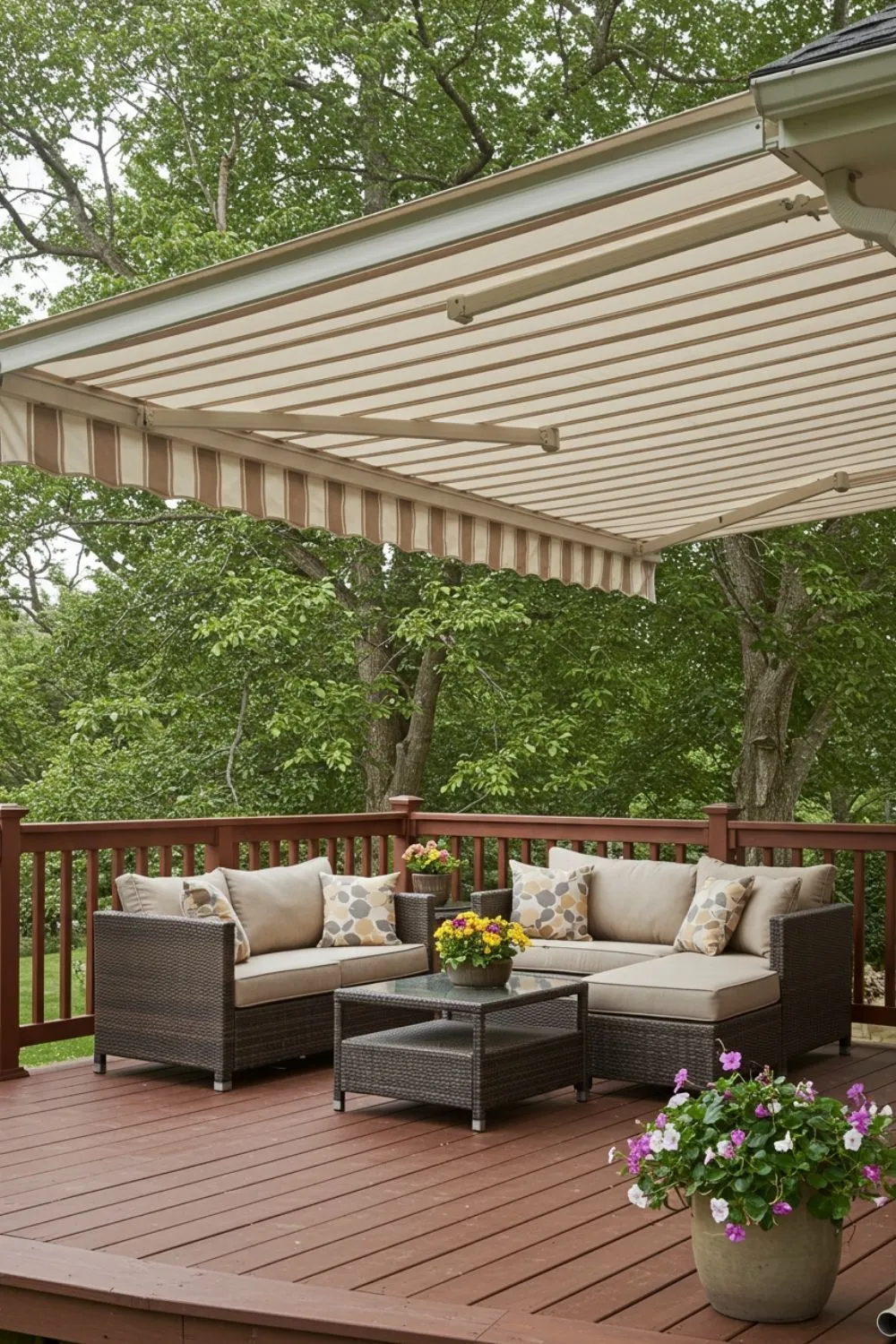 a deck with retractable awning roof