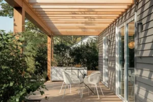 a deck roof made with wooden slats