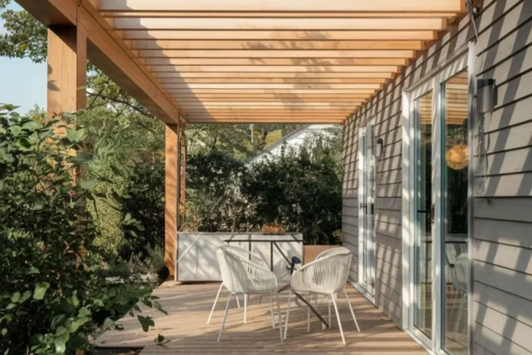 a deck roof made with wooden slats