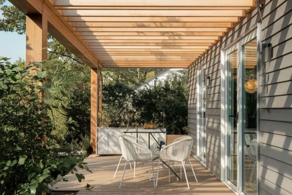 a deck roof made with wooden slats