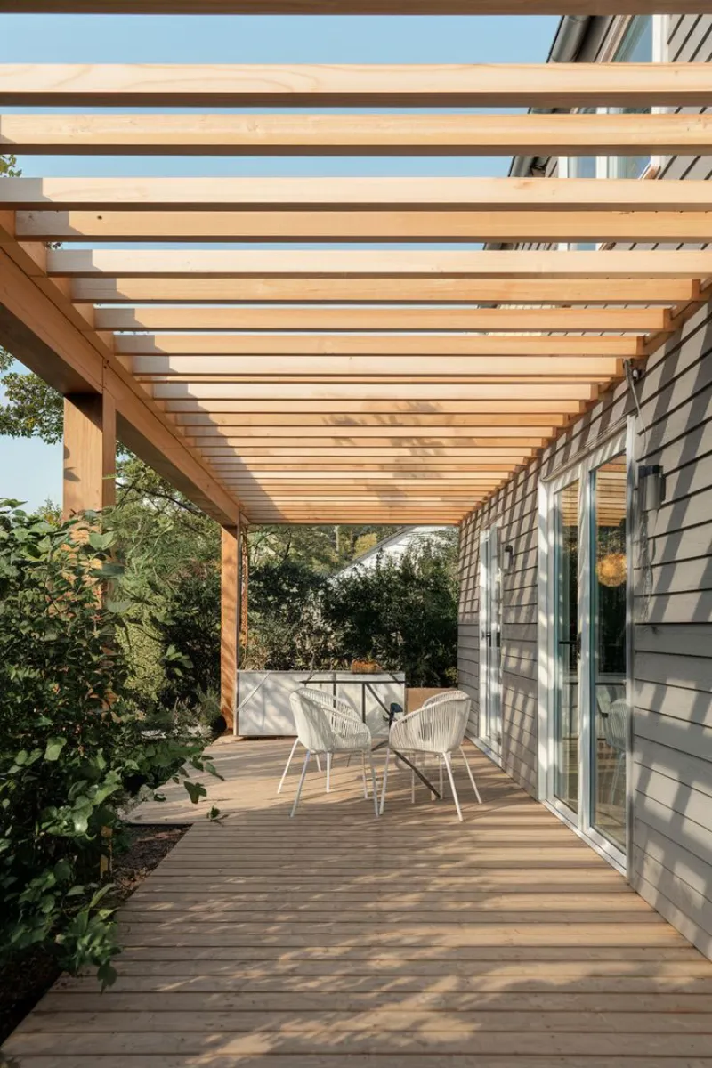 a deck with wood slat roof