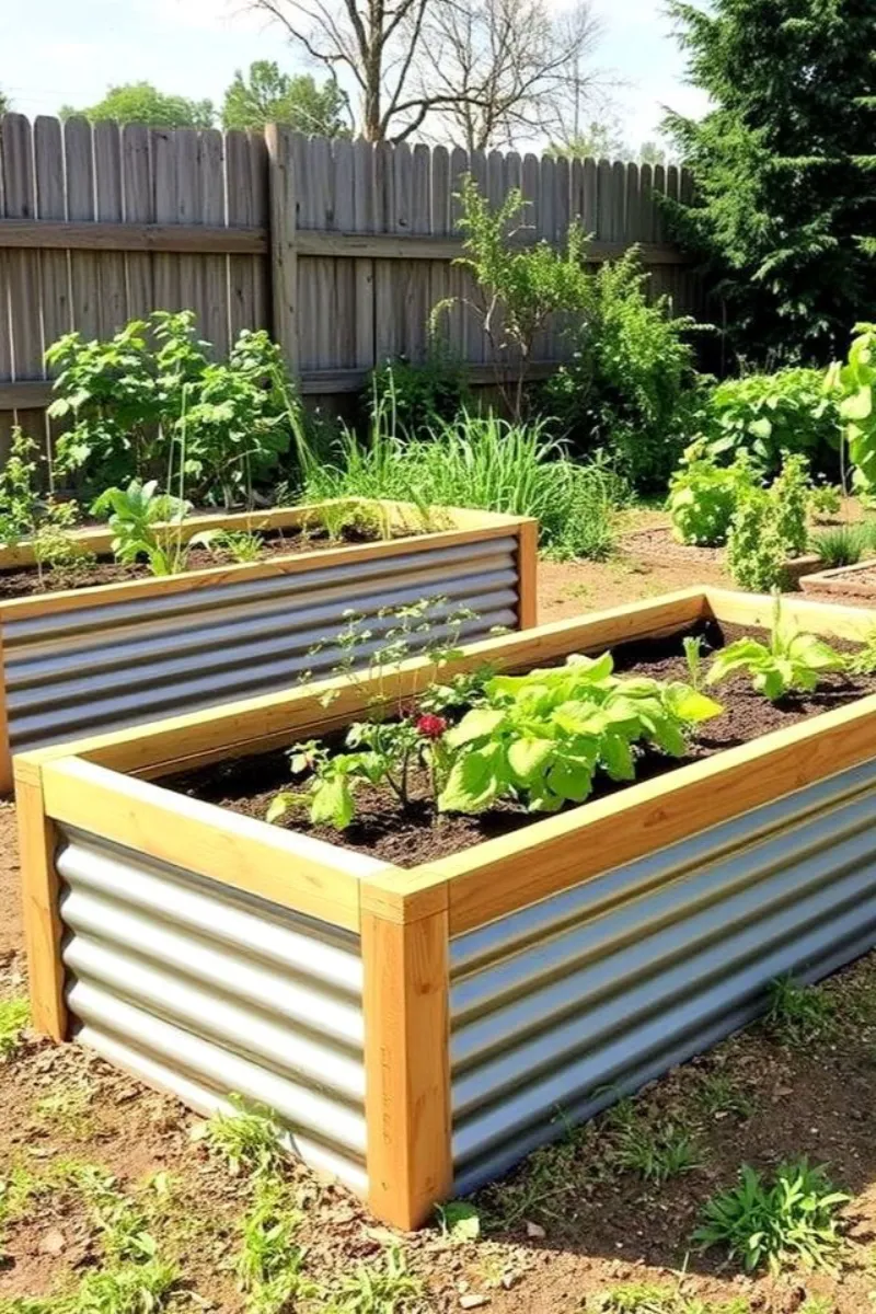 a raised bed garden built with corrugated metal and wood frame