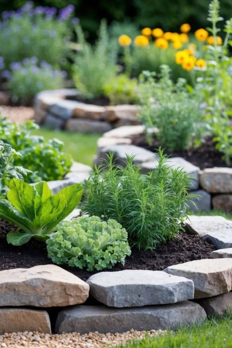 a raised bed garden built with stones