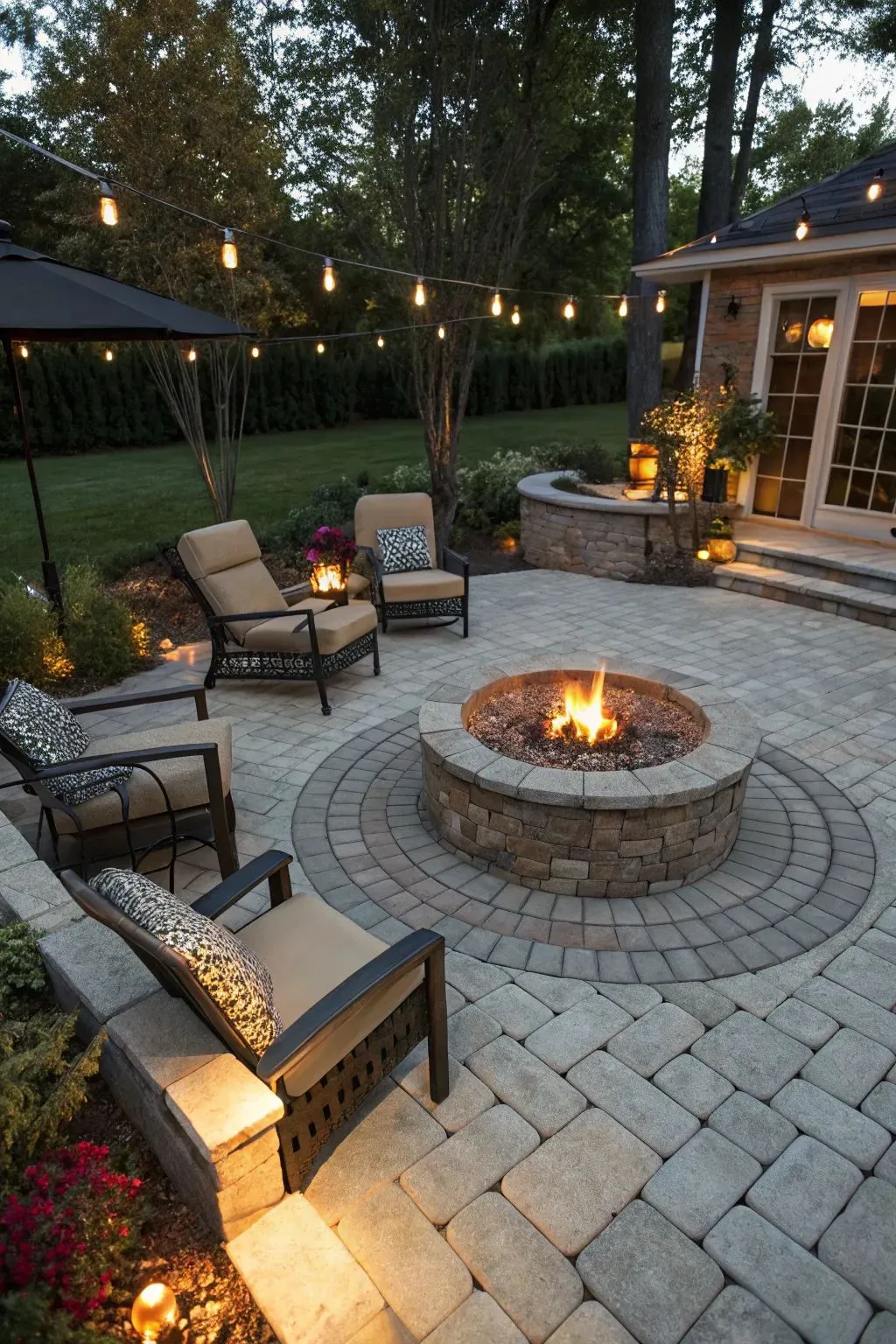 a stone patio with built-in fire pit