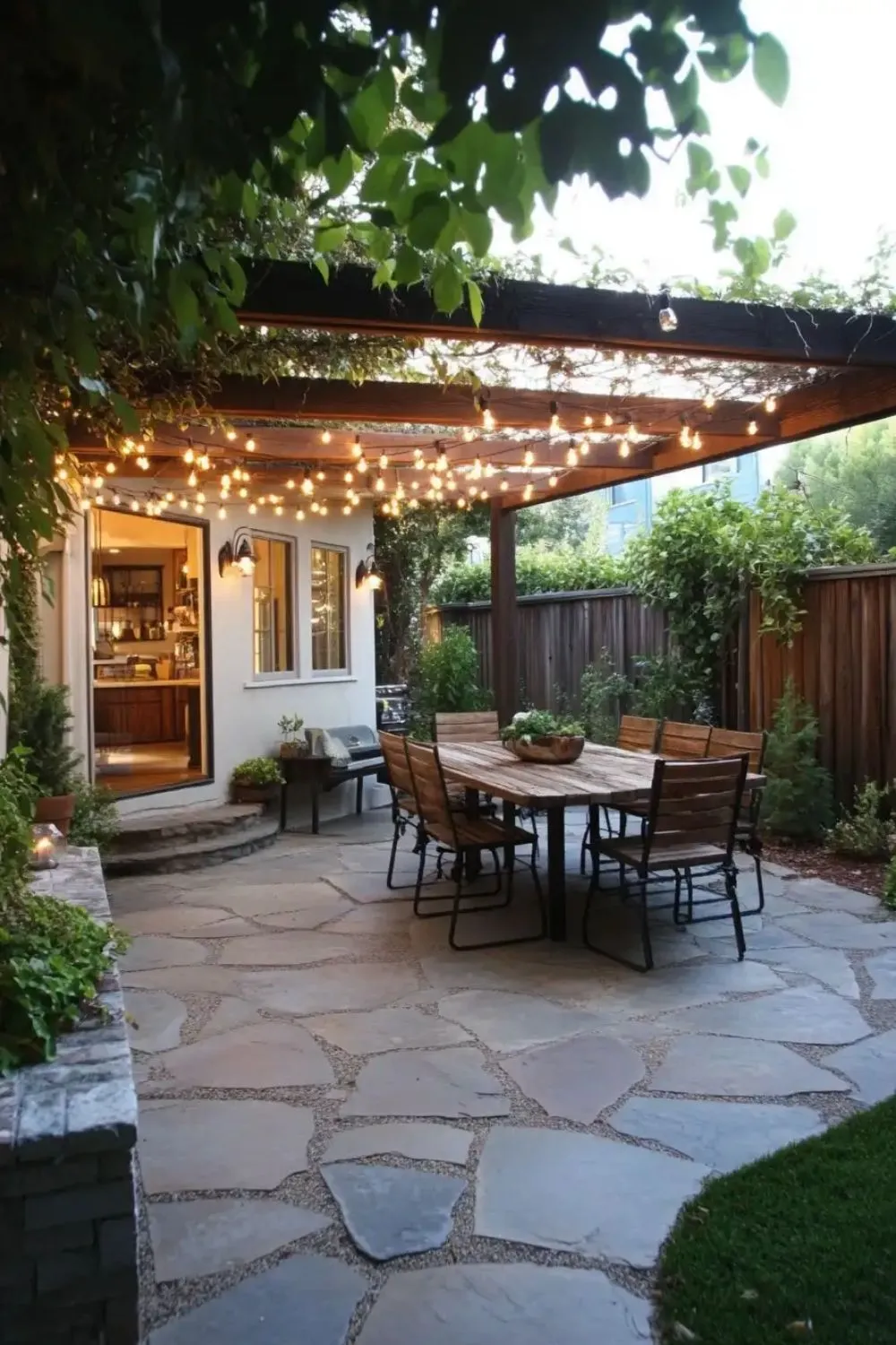 a patio with flagstone, pergola, and string light