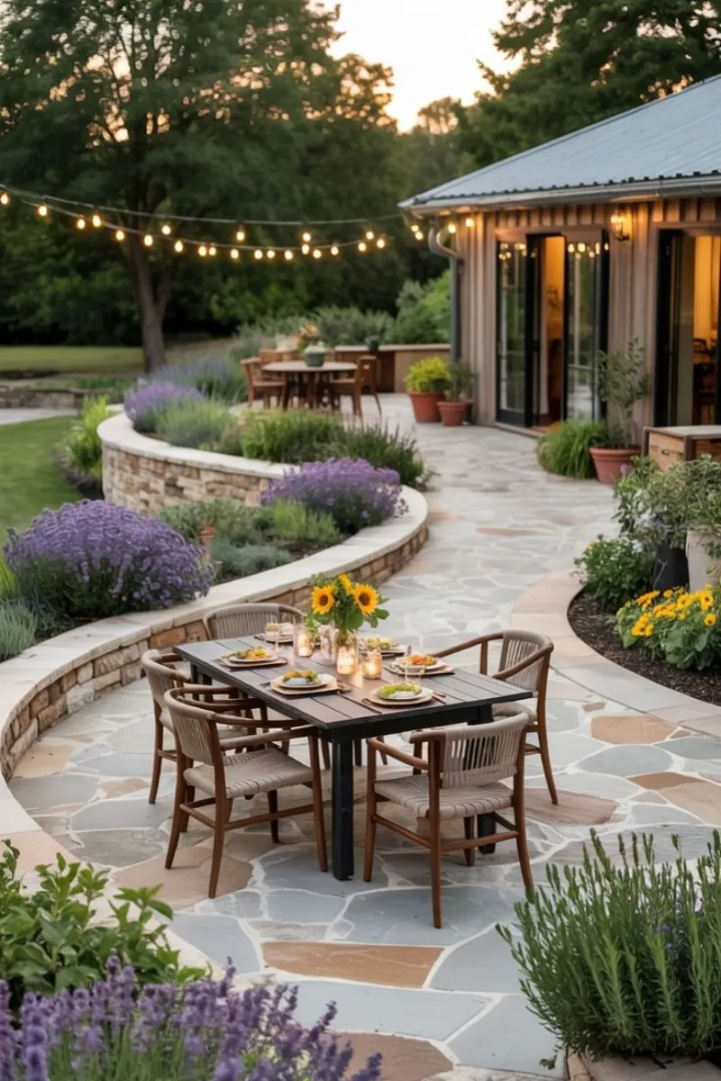 a stone patio with flower borders