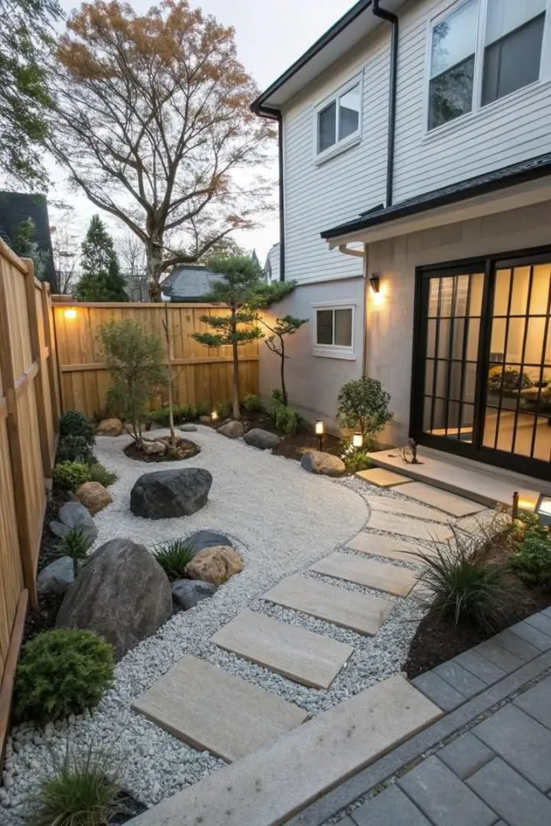 a stone patio with gravel