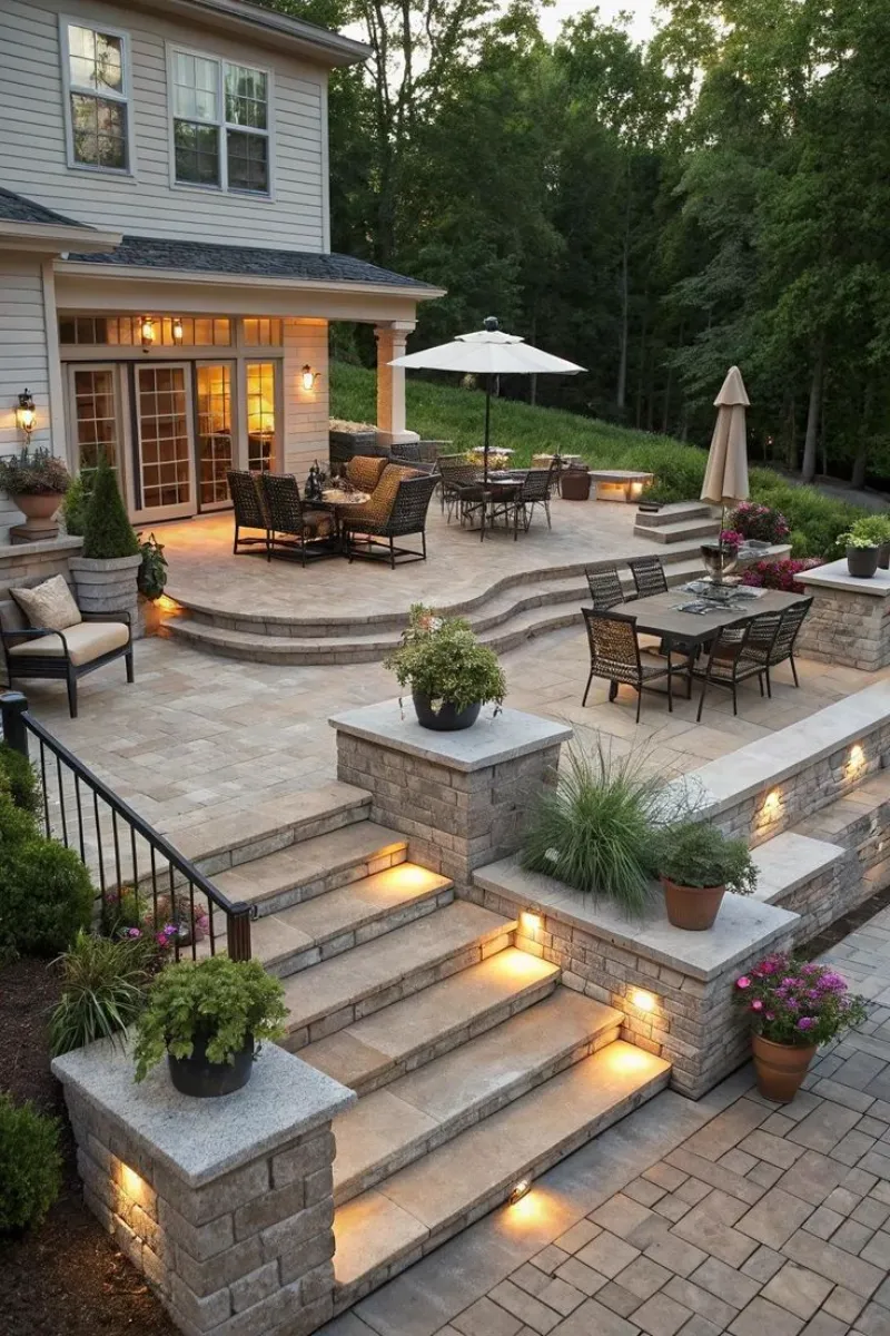 a stone patio in multi-level