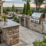 a stone patio with bulit-in outdoor kitchen
