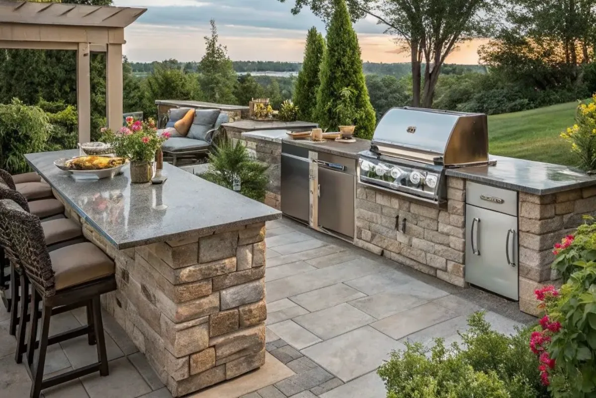 a stone patio with bulit-in outdoor kitchen