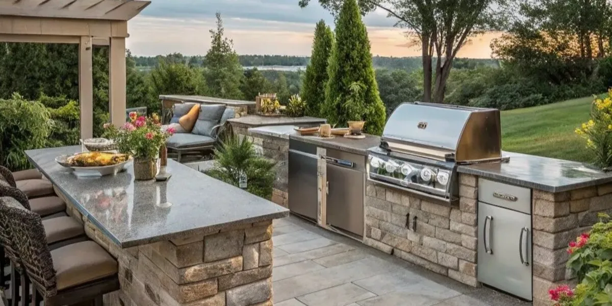 a patio with a outdoor kitchen built with stones