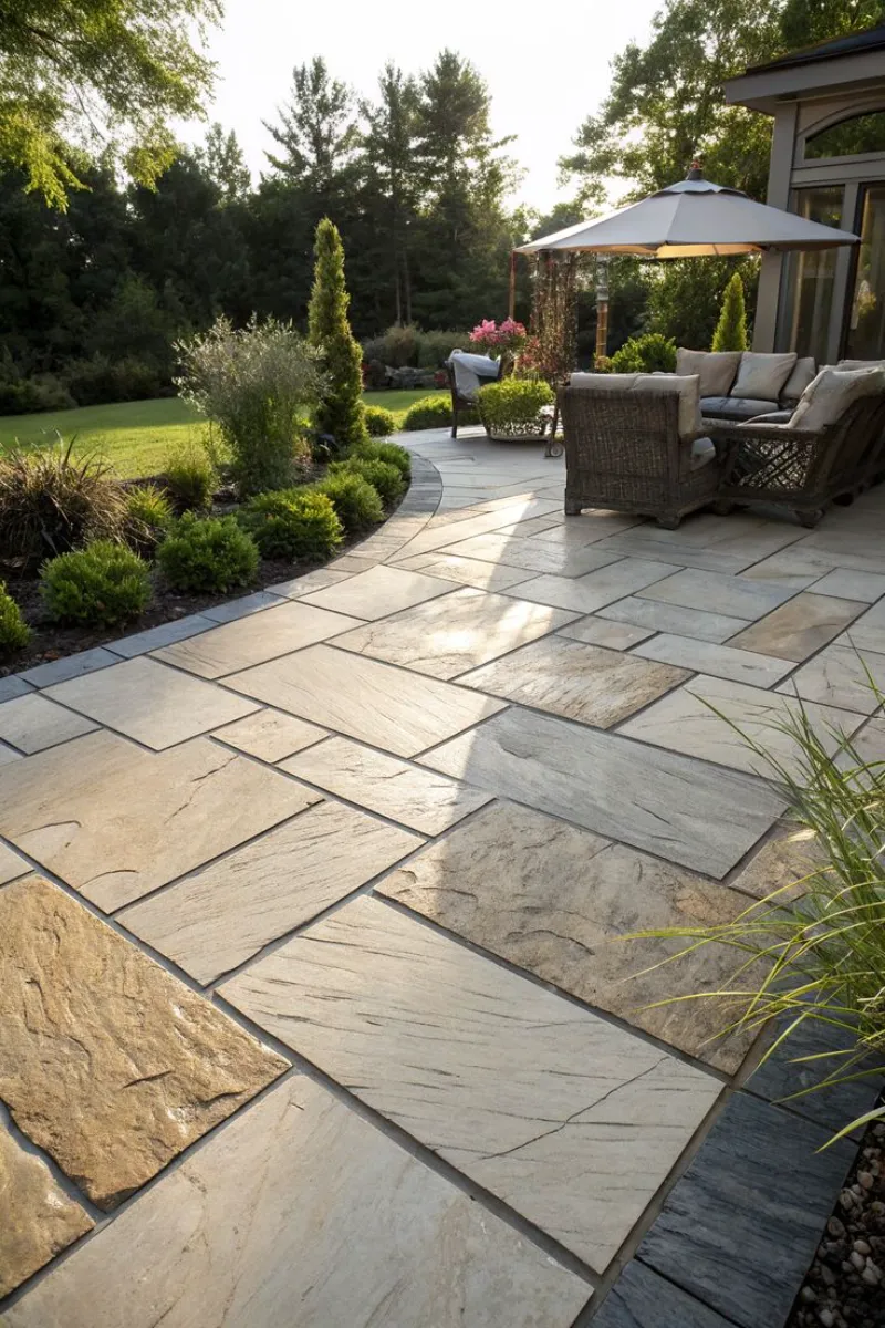 a patio with rectangle stone in various sizes, sofa, and umberalla