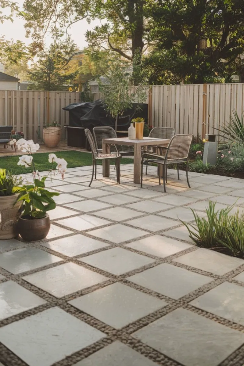 a patio with square-cut stone