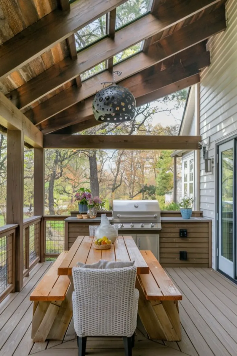 a covered outdoor kitchen connected with house through sliding door