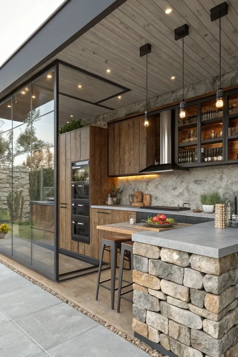 a covered outdoor kitchen with glass for winter
