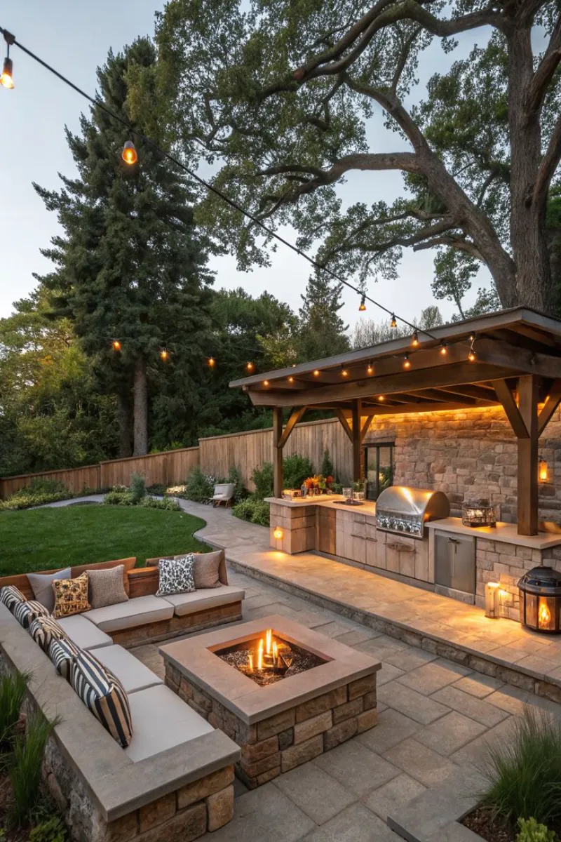 a covered outdoor kitchen with firepit and string light