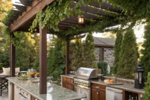 a covered outdoor kitchen with pergola roof
