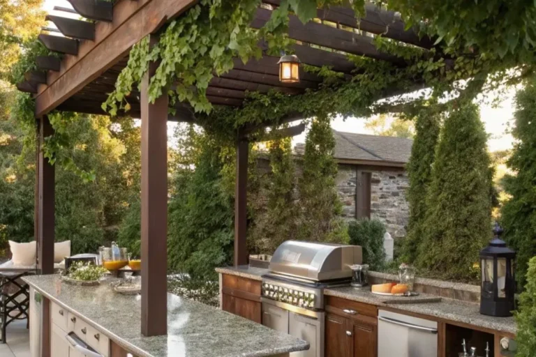a covered outdoor kitchen with pergola roof