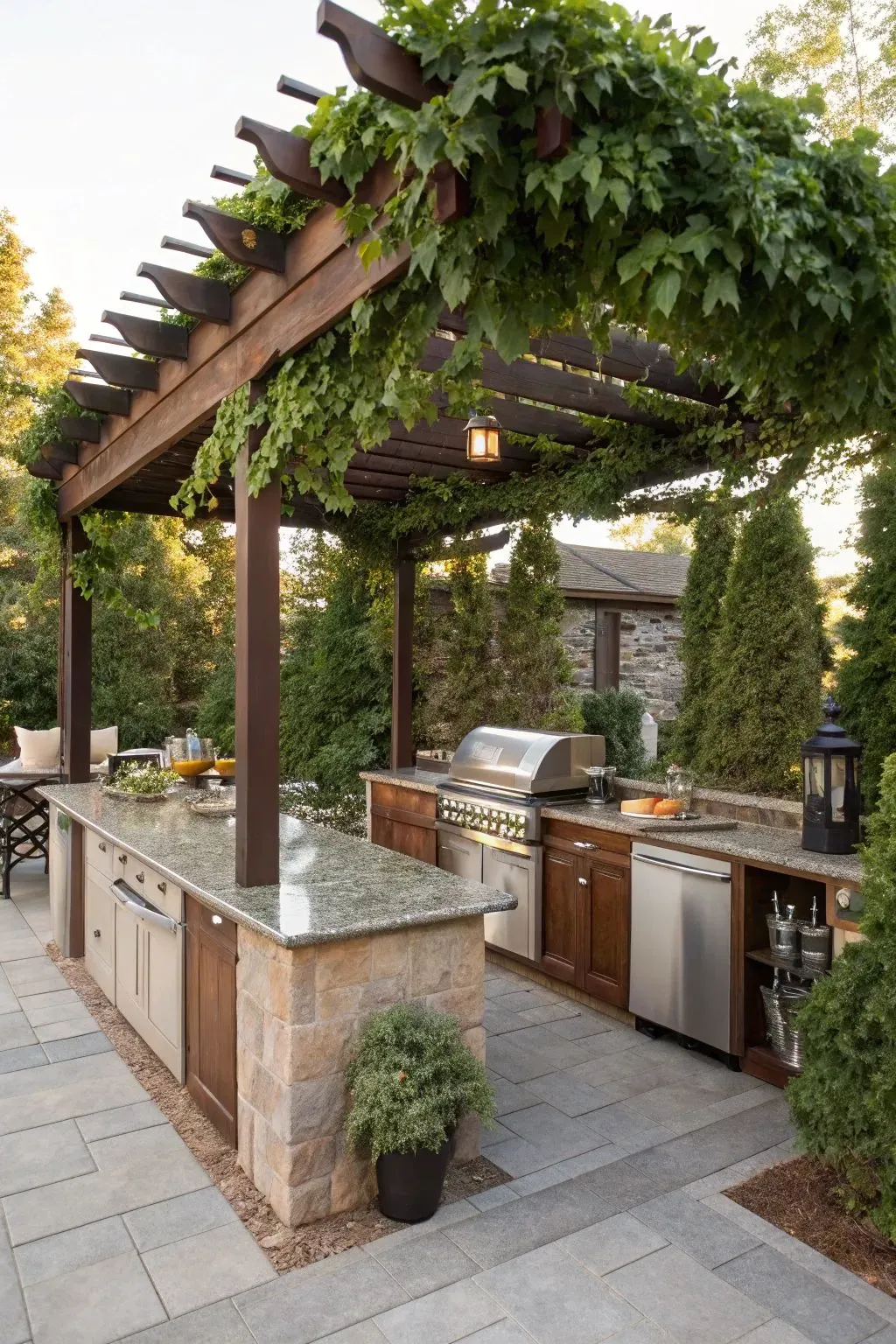 a covered outdoor kitchen with pergola