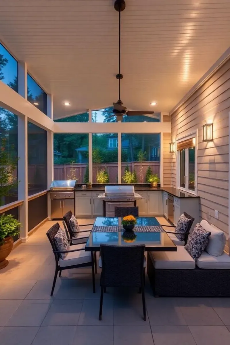 a covered outdoor kitchen with screens and windows