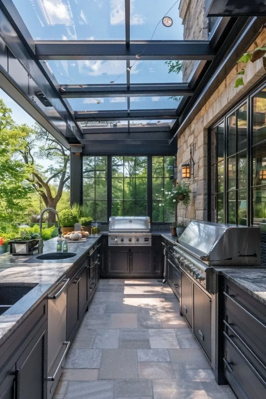 a covered outdoor kitchen with skylight