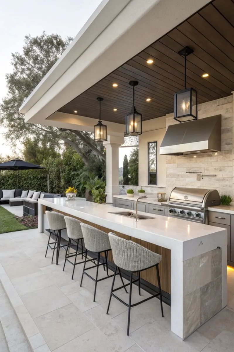 a covered outdoor kitchen with solid roof and built-in lighting