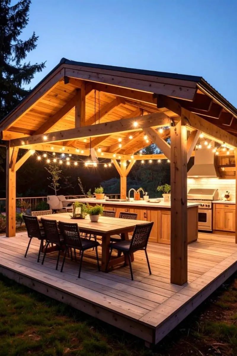 a covered outdoor kitchen with wooden gable roof
