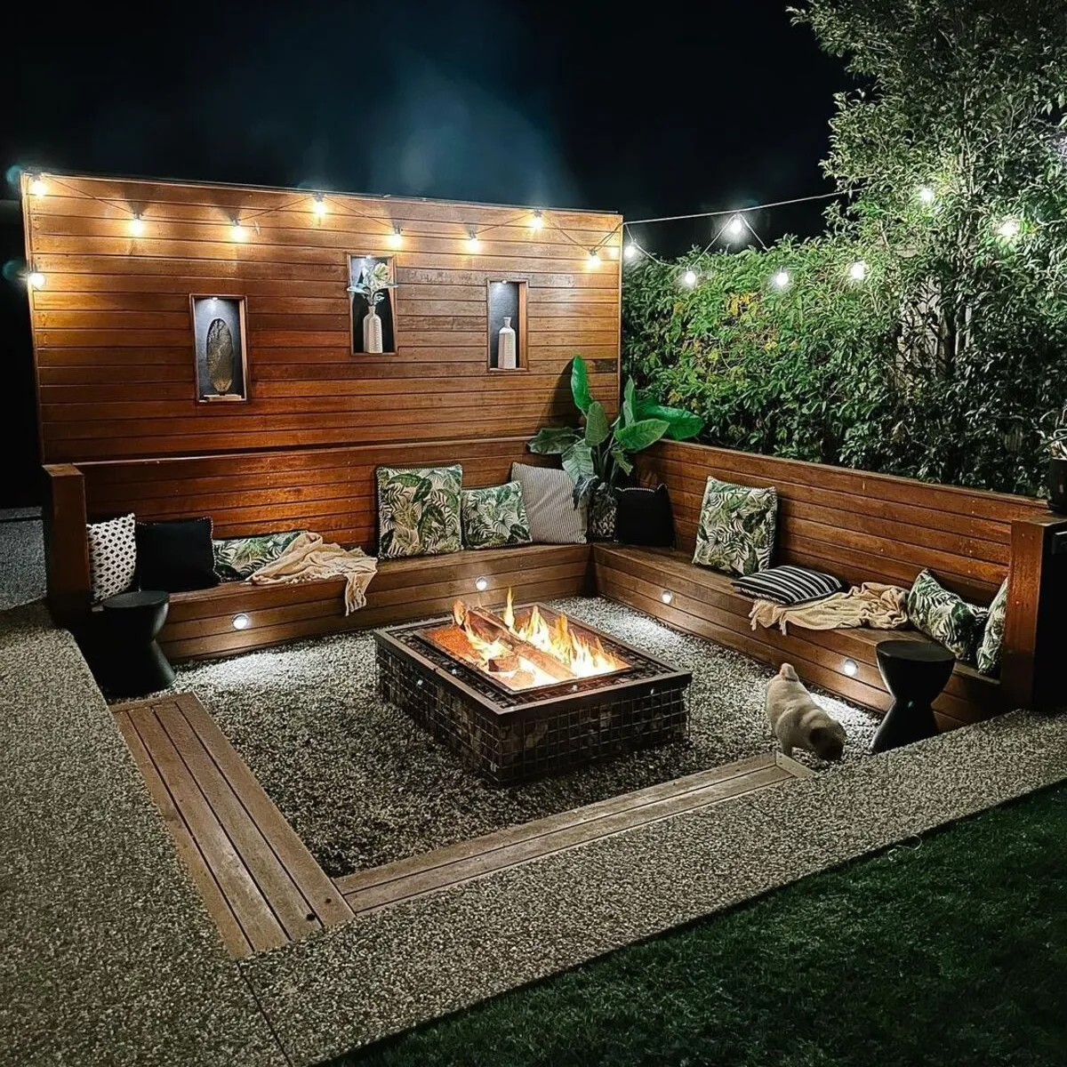 built in benches with backrest as fire pit seating