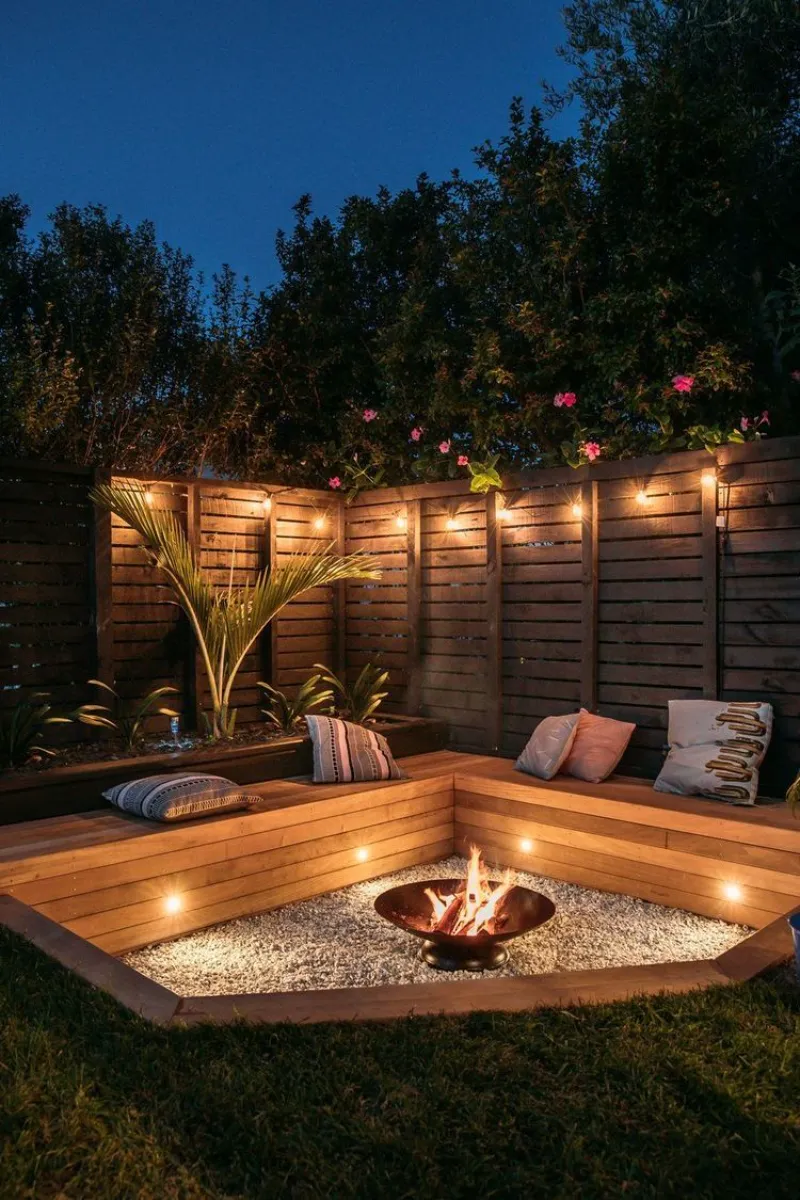 a fire pit seating built-in wood benches with screen
