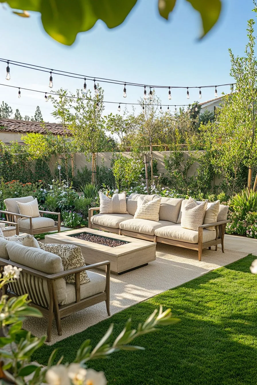 a modular fire pit seating with beige cushions