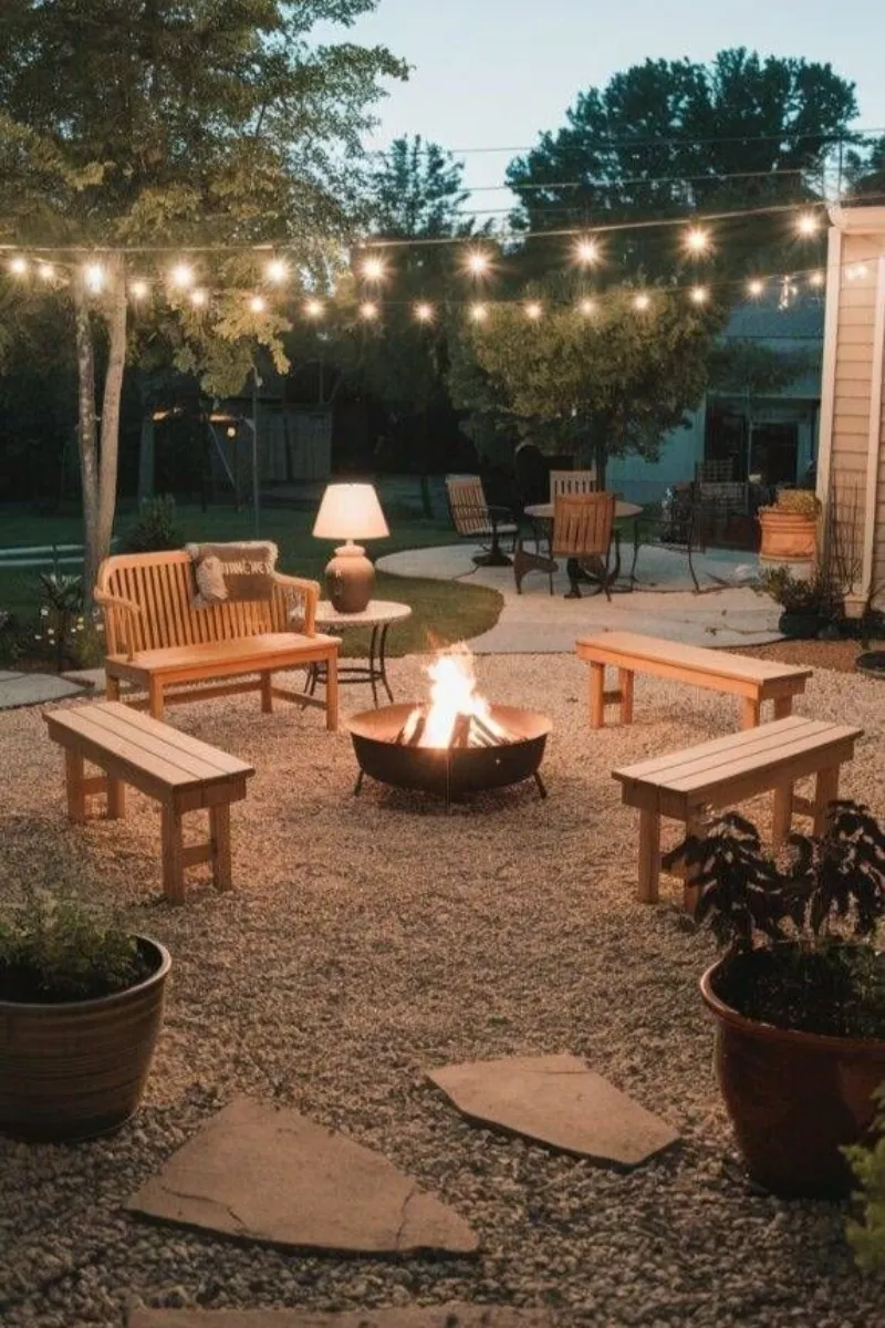 wood benches as fire pit seating