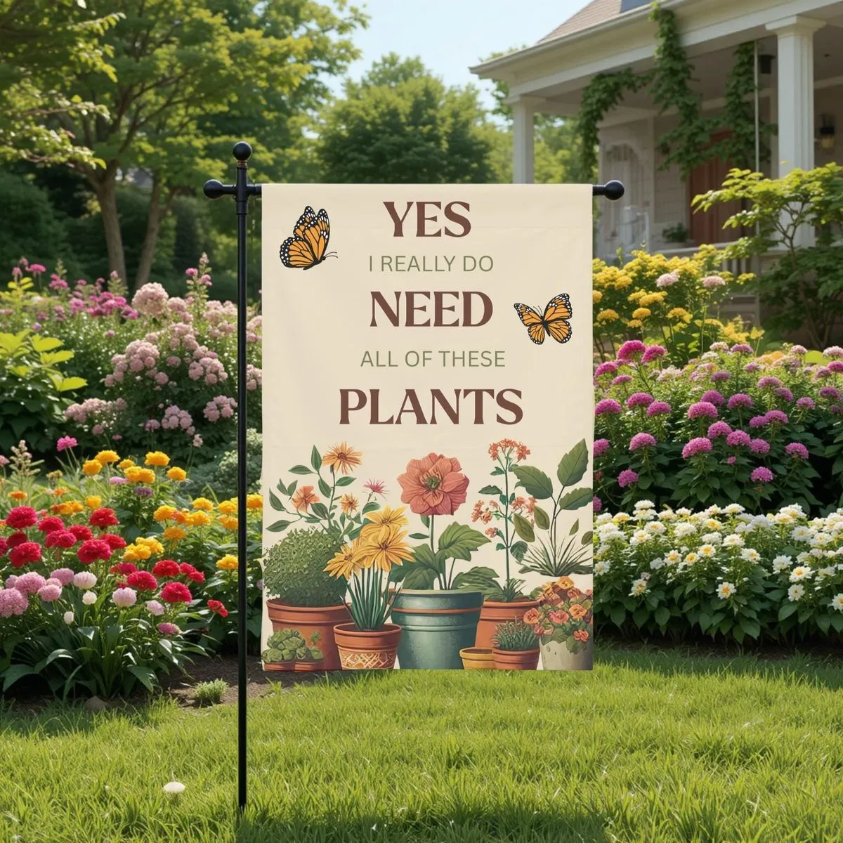 a colorful garden flag stands firmly